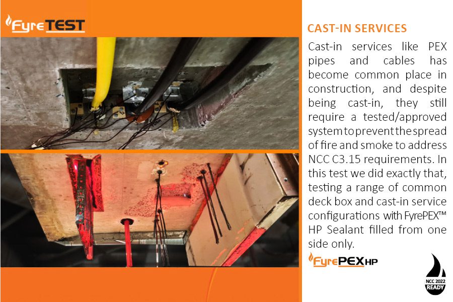 FyrePEX HP for cast-in services including PEX pipes and cables after fire test