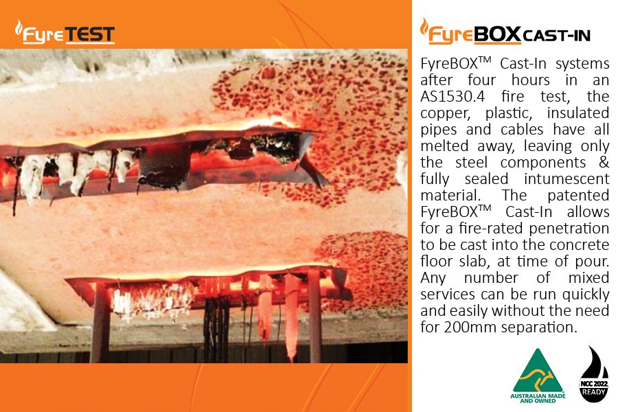 FyreBOX Cast-In after four hour fire test with copper, plastic, insulated pipes and cables in floor slab