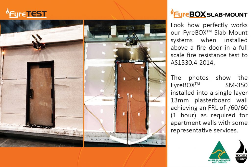 FyreBOX Slab-Mount installed above a fire door, before and after fire test