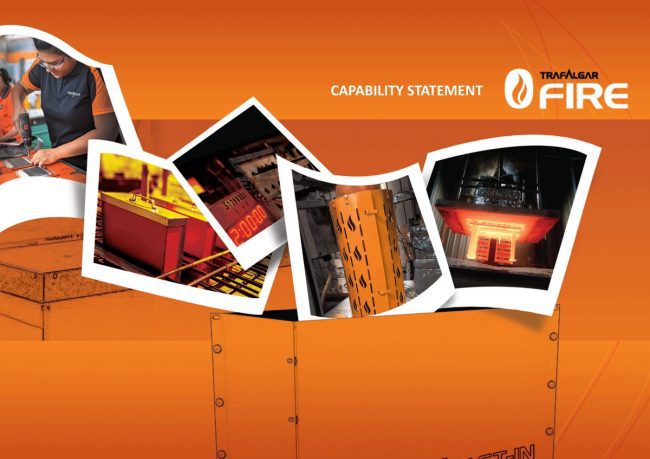 Trafalgar Fire Capability Statement orange background with polaroids showing tested passive fire stopping systems